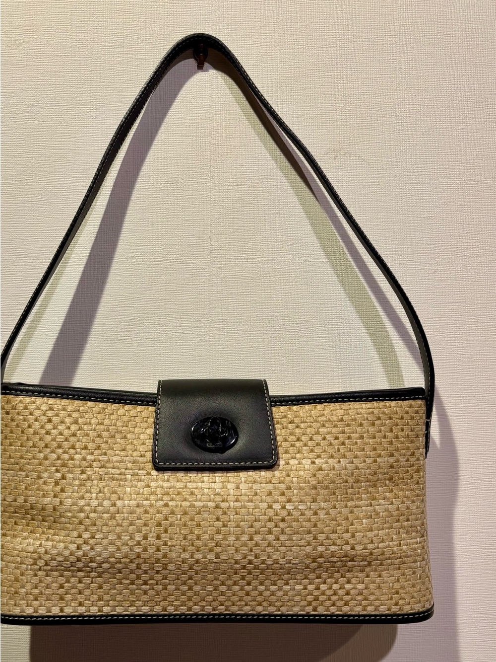 Coach Raffia Turn Lock Shoulder Bag Beige Black Leather Strap 6184